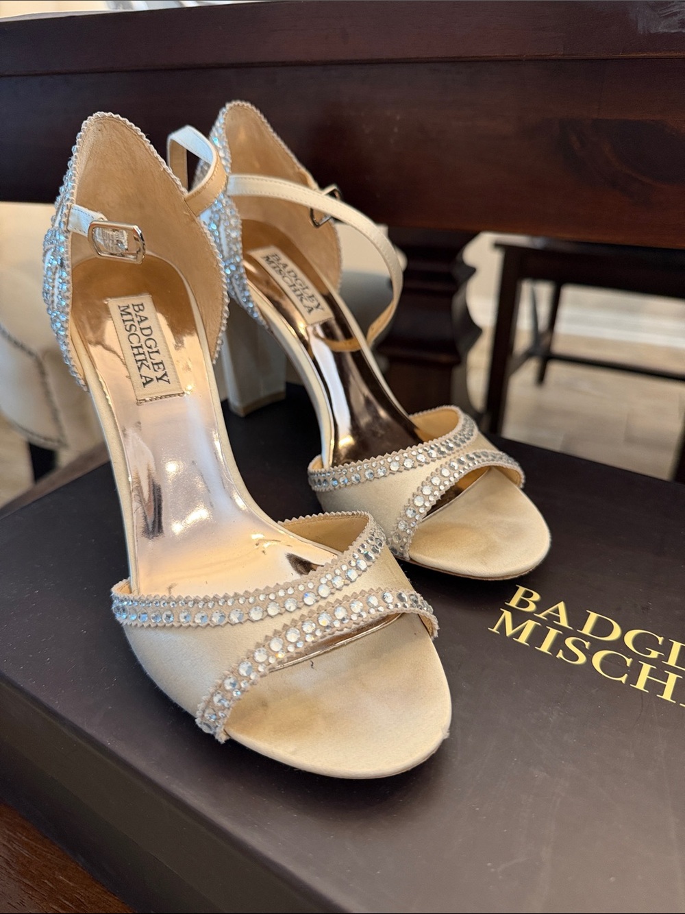 Badgley Mischka Ivory Satin Crystal-Strap Block Heel Sandals
